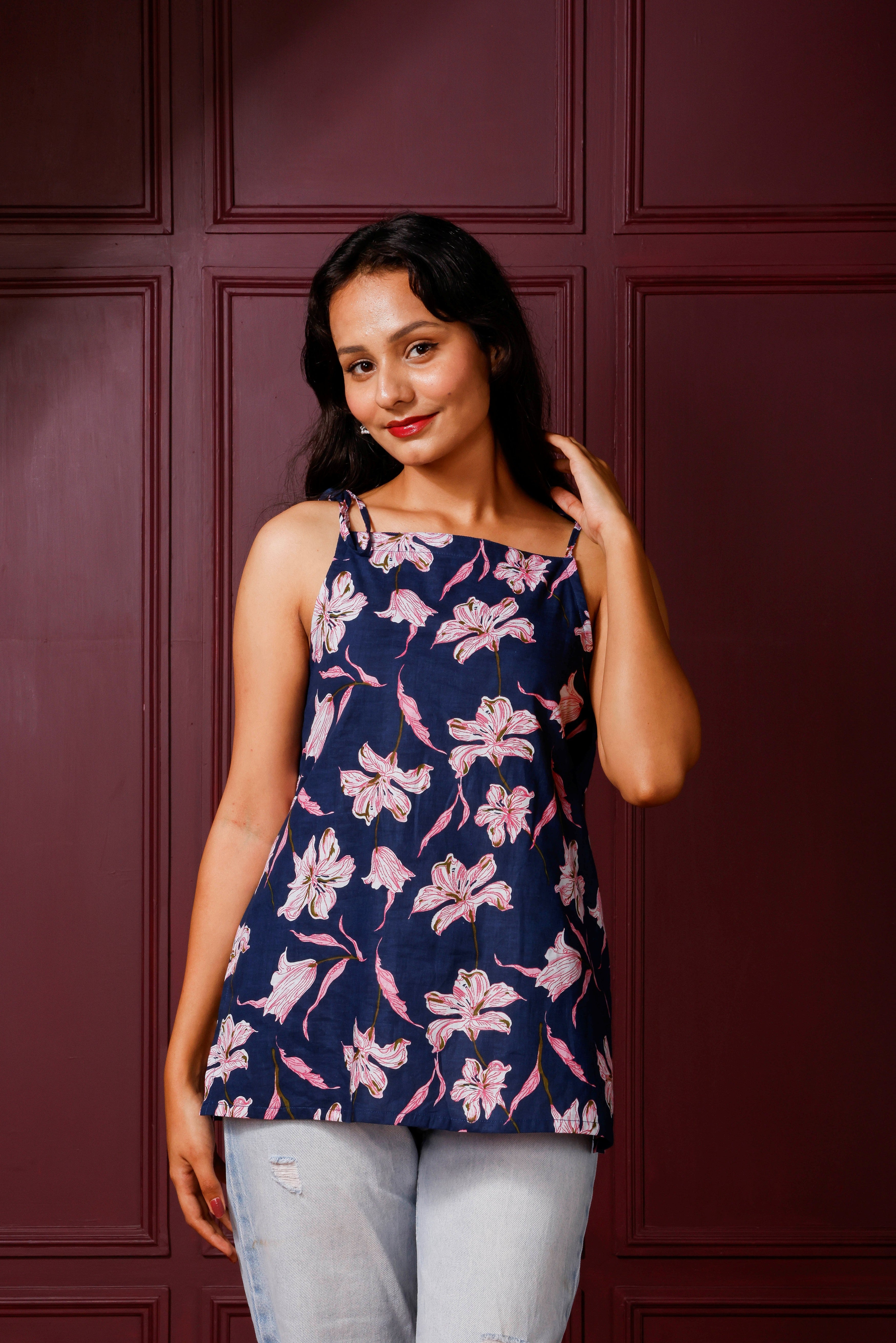 Navira Spaghetti Strap Kurti  (Navy Blue with Floral Print)
