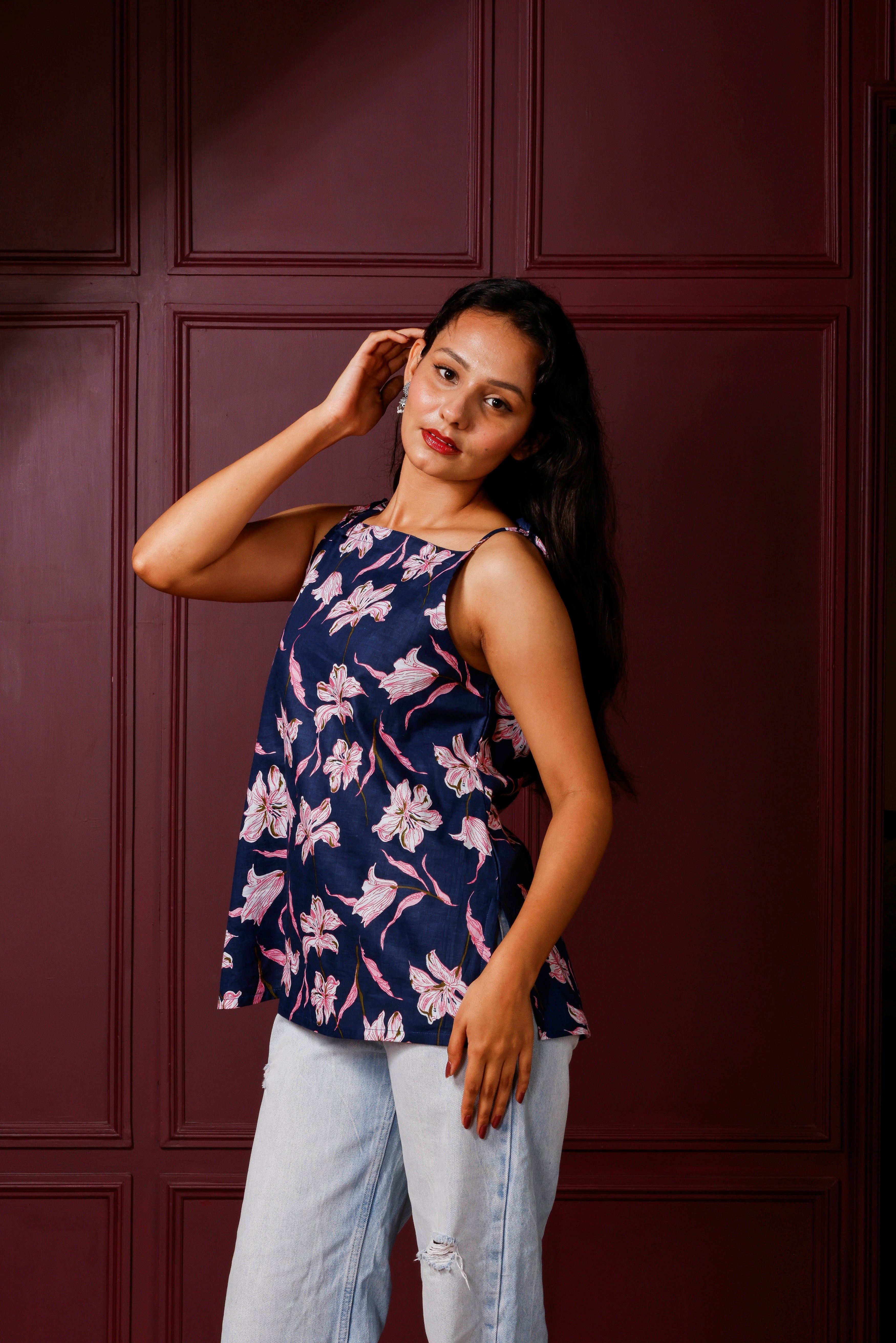 Navira Spaghetti Strap Kurti  (Navy Blue with Floral Print)