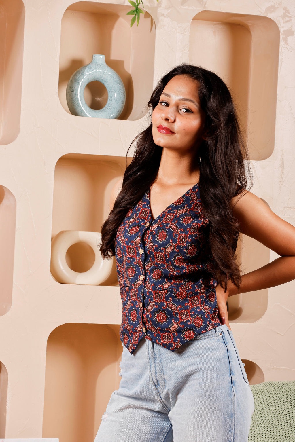 Veerara Vest Top Wear Kurti (Navy Blue with Red Print)