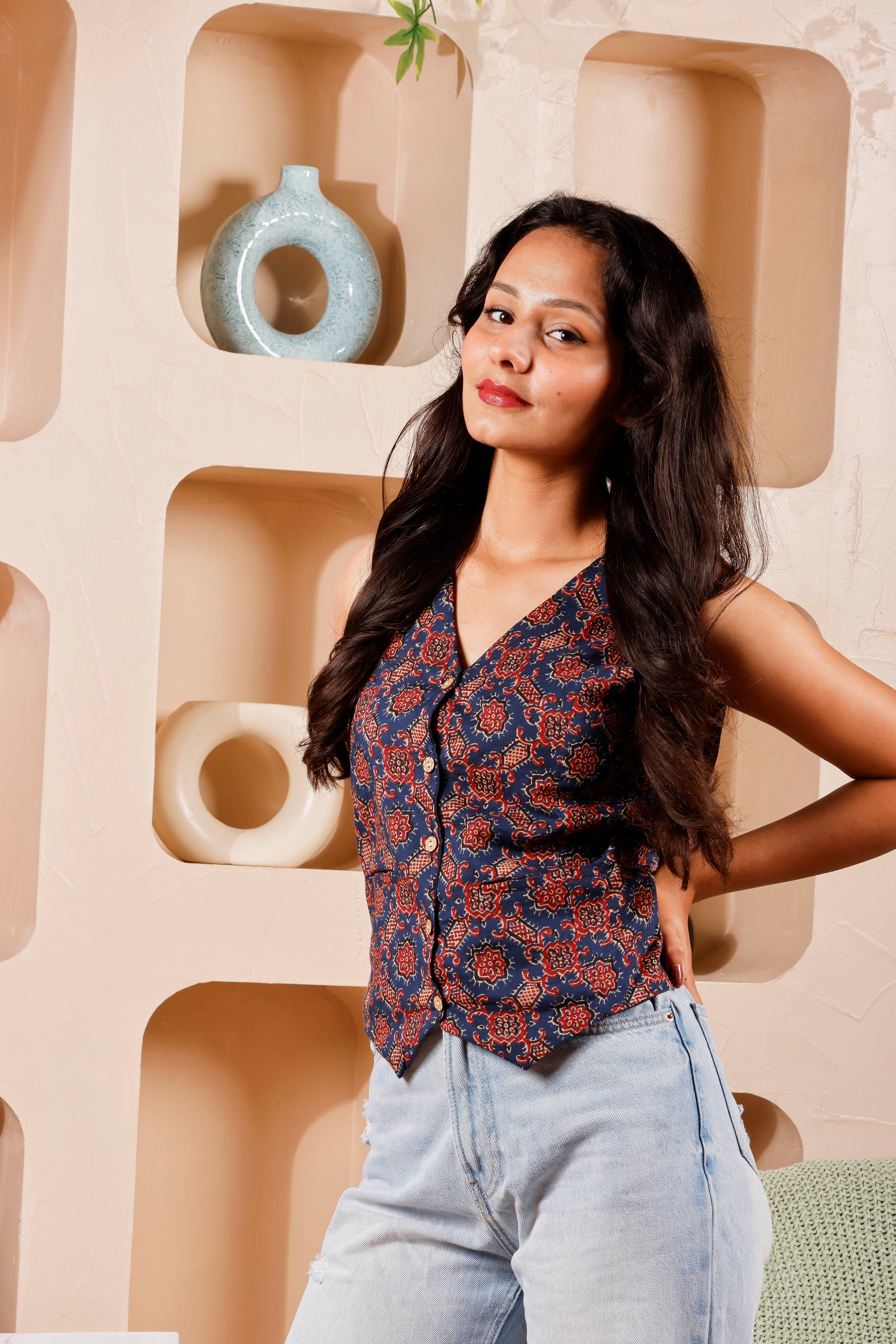 Veerara Vest Top Wear Kurti (Navy Blue with Red Print)