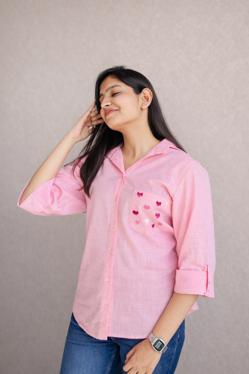 Blush Muse - Hand Embroidered Linen Blend Shirt (Soft Pink)