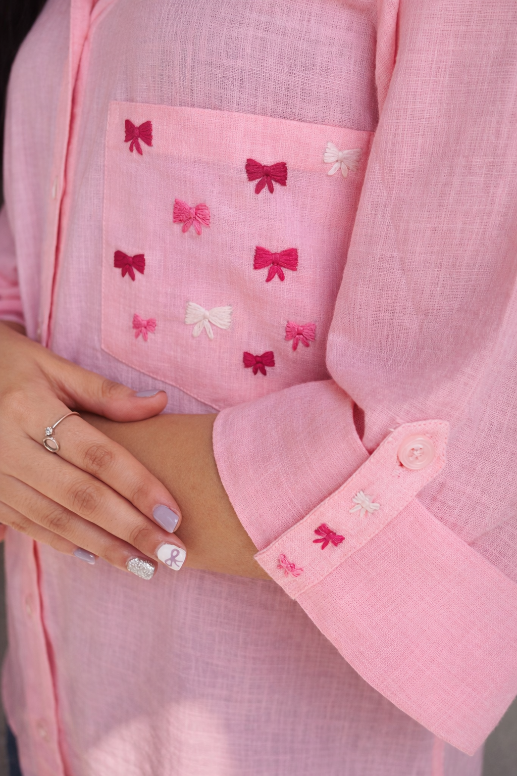 Blush Muse - Hand Embroidered Linen Blend Shirt (Soft Pink)