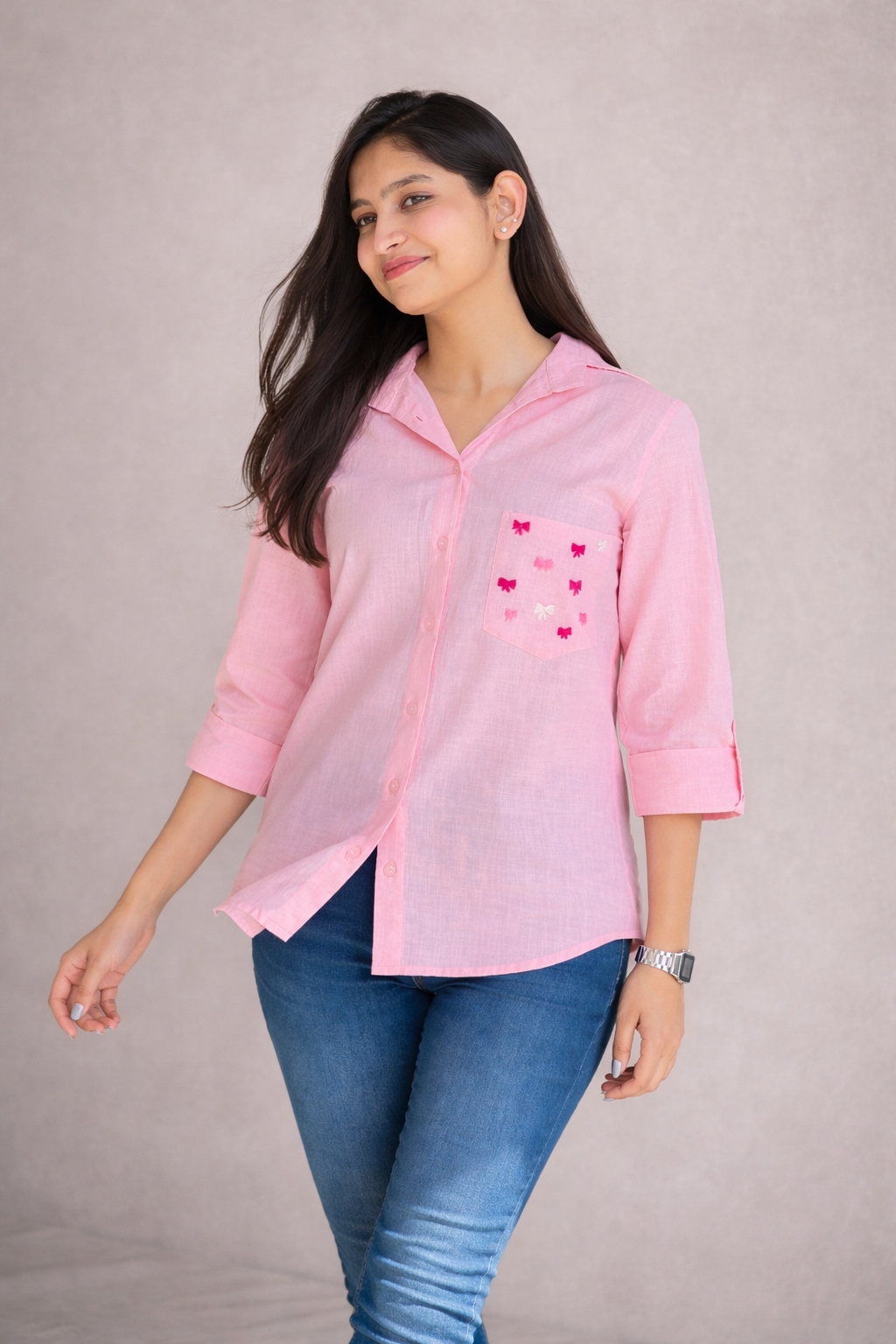 Blush Muse - Hand Embroidered Linen Blend Shirt (Soft Pink)