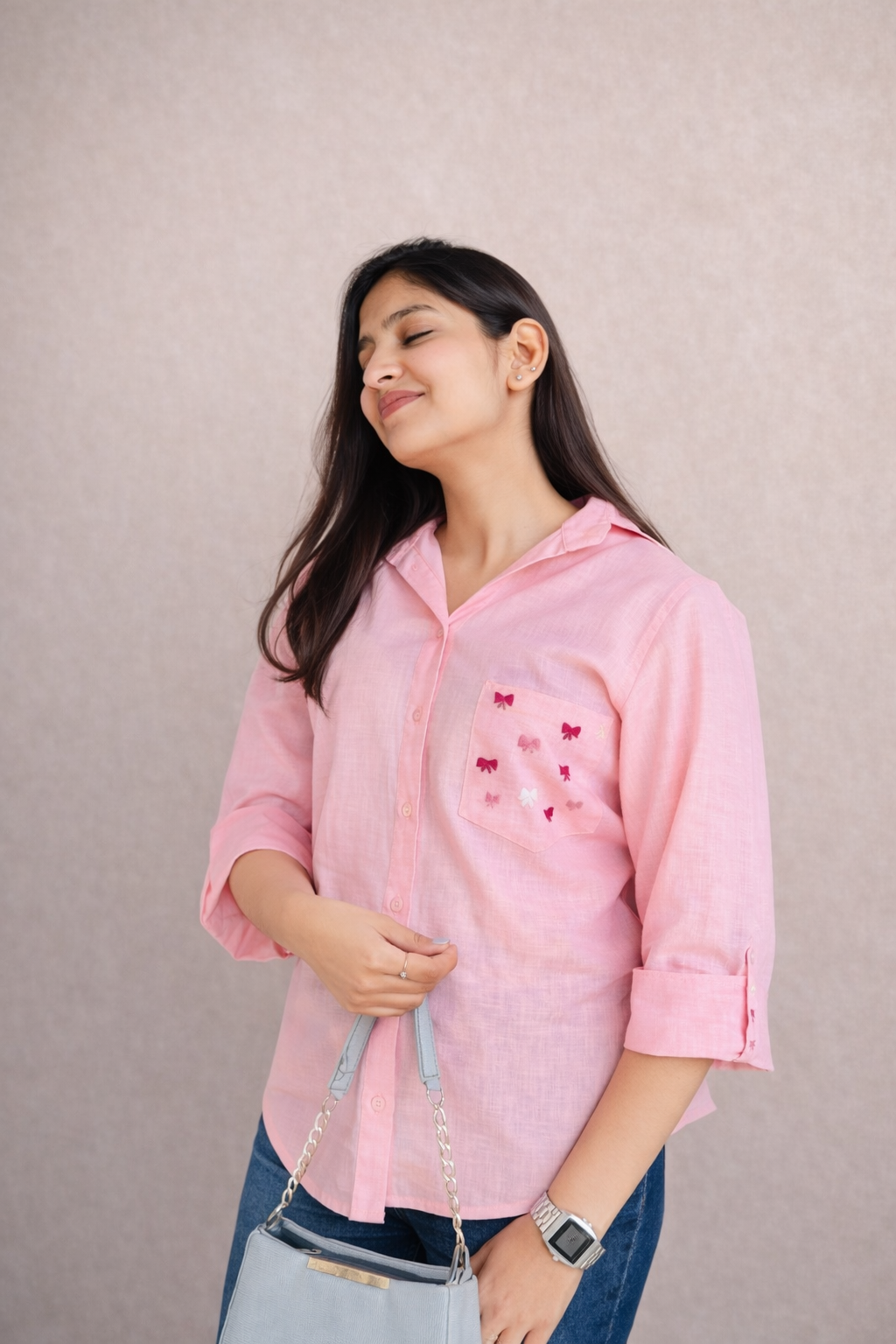 Blush Muse - Hand Embroidered Linen Blend Shirt (Soft Pink)