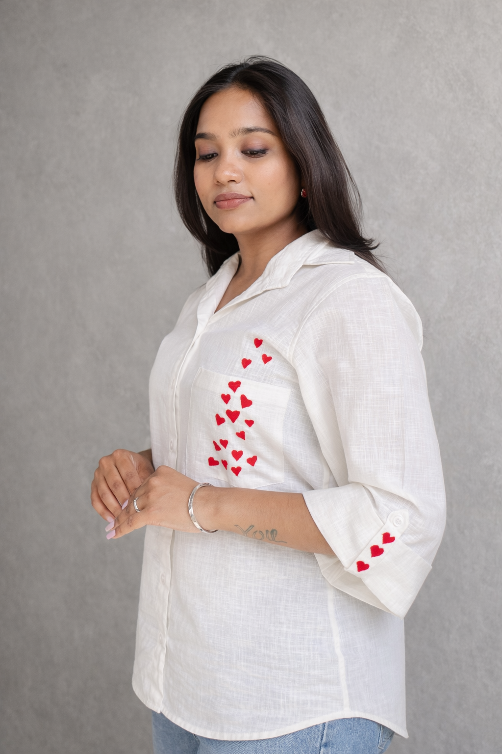 Heart Muse - Hand Embroidered Linen Blend Shirt (White)