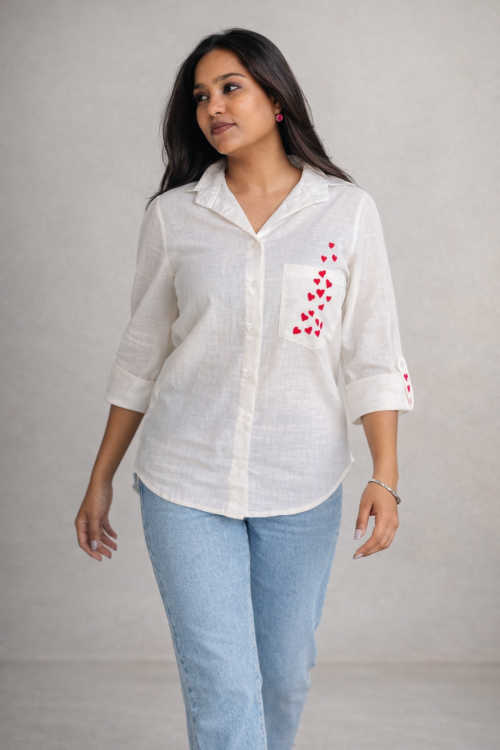Heart Muse - Hand Embroidered Linen Blend Shirt (White)