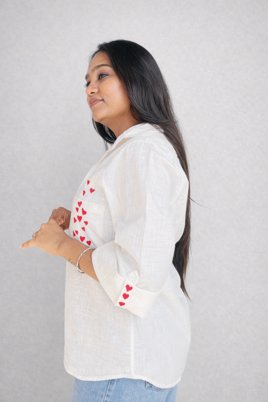 Heart Muse - Hand Embroidered Linen Blend Shirt (White)